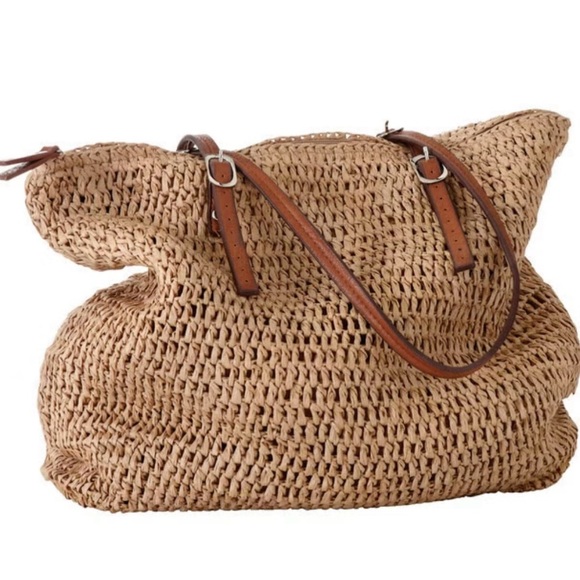 ellos Handbags - Ellos Zip Top Straw Bag w/Adjustable Straps, Natural Woven Tan Tote Bag